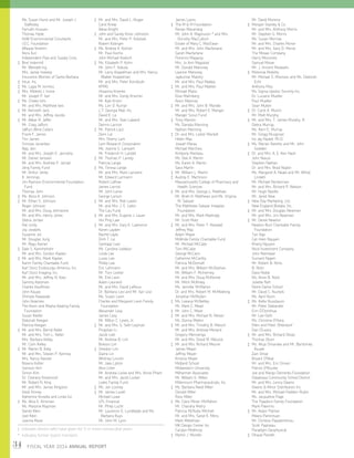 34 FISCAL YEAR 2014 ANNUAL REPORT
	 Ms. Susan Hurst and Mr. Joseph J.
Slafkosky
	 Farrukh Hussain
	 Thomas Hyde
	 HzW Environmental Conultants
	 I.D.C. Foundation
	 Alfaiyaz Ibrahim
	 Nora Iluri
	 Independent Pipe and Supply Corp.
‡	 Bret Indermill
	 Mr. Wendell Ing
	 Mrs. Jackie Inskeep
	 Insurance Women of Santa Barbara
‡	 Intuit, Inc.
‡	 Ms. Lygia M. Ionnitiu
‡	 Mrs. Mildred J. Irvine
	 Mr. Joseph P. Iser
‡	 Ms. Chieko Ishii
	 Mr. and Mrs. Matthew Ives
‡	 Mr. Kenneth Jack
	 Mr. and Mrs. Jeffrey Jacobs
‡	 Mr. Akbar R. Jaffer
	 Mr. Craig Jaffurs
	 Jaffurs Wine Cellars
	 Frank F. James
	 Tim James
	 Srinivas Janardan
	 Ajay Jani
	 Mr. and Mrs. Joseph E. Jannotta
	 Mr. Daniel Janssen
	 Mr. and Mrs. Andrew P. Jarrad
	 Jeng Family Fund
	 Mr. Arthur Jenks
	 K. Jennings
	 Jim Ryerson Environmental Foundation
Fund
	 Thomas John
‡	 Ms. Alicia A. Johnson
‡	 Mr. Ethan S. Johnson
	 Roger Johnson
	 Mr. and Mrs. Doug Johnstone
	 Mr. and Mrs. Henry Jones
	 Debra Jordan
	 Hal Jordy
	 Joy Josephs
	 Susanne Jul
	 Mr. Douglas Jung
	 Mr. Ragu Kamel
‡	 Dale S. Kammerlohr
	 Mr. and Mrs. Gordon Kaplan
‡	 Mr. and Mrs. Mark Kaplan
	 Karim Family Charitable Fund
	 Karl Storz Endoscopy-America, Inc.
	 Karl Storz Imaging, Inc.
	 Mr. and Mrs. Jeffrey N. Katz
	 Sammy Katzman
	 Charles Kauffman
	 John Kaupp
	 Shimpei Kawasaki
	 John Keairnes
	 The Kevin and Masha Keating Family
Foundation
	 Susan Keefer
	 Deborah Keegan
	 Patricia Keegan
‡	 Mr. and Mrs. Bernd Keller
	 Mr. and Mrs. Tom L. Keller
	 Mrs. Barbara Kelley
	 Mr. Colin Kelley
‡	 Mr. Martin B. Kelly
	 Mr. and Mrs. Steven P. Kenney
	 Mrs. Nancy Kessler
	 Nzeera Ketter
	 Samson Kim
	 Simon Kim
	 Dr. Chenery Kinemond
	 Mr. Robert N. King
	 Mr. and Mrs. James Kingston
	 Heidi Kinney
	 Katherine Kinsella and Linda Go
‡	 Ms. Alice E. Kinsman
	 Ms. Marjorie Klayman
	 Daniel Klein
	 Joel Klein
	 Joanna Klose
‡	 Mr. and Mrs. David L. Kluger
	 Carol Kneip
	 Alexa Knight
‡	 John and Sandy Knox-Johnston
	 Mr. and Mrs. Peter P. Kobilsek
	 Robert Kobriger
‡	 Ms. Andrea K. Kocher
	 Mr. Paul Kochis
	 John Michael Koelsch
‡	 Ms. Elizabeth P. Kohn
	 Mr. John F. Kokula
	 Mr. Larry Koppelman and Mrs. Nancy
Walker Koppelman
	 Mr. and Mrs. Peter Kornbluth
	 KPMG
	 Hosanna Krienke
	 Mr. and Mrs. Gordy Krischer
	 Mr. Kyle Krohn
	 Ms. Lori D. Kumar
	 L.T. Georgia Mall, Inc.
	 David K. La
	 Mr. and Mrs. Stan Laband
	 Dennis Lacroix
‡	 Mr. Patrick Lacz
	 Zarin Lal
	 Mrs. Sherry Lam
	 Lam Research Corporation
	 Ms. Joanne S. Lampert
	 Mr. Frederick H. Landell
‡	 Mr. Thomas P. Landig
	 Patricia Lange
‡	 Ms. Teresa Lange
	 Mr. and Mrs. Mark Lariviere
	 Mr. Edward Larmann
	 Robert LaRow
	 James Larrick
	 Mr. John Larse
	 George Larson
‡	 Mr. and Mrs. Rob Laskin
	 Mr. and Mrs. J. E. Lattin
	 The Lau Fund
‡	 Mr. and Mrs. Eugene J. Lauer
	 Hoi Ping Law
‡	 Mr. and Mrs. Gary E. Lawrence
	 Karen Layden
	 Rachel Laylo
	 Dinh T. Le
	 Santiago Leal
	 Ms. Caroline Ledebur
	 Linda Lee
	 Lucas Lee
	 Phillip Lee
	 Eric Lehmann
	 Mr. Tom Leister
	 Mr. Erik Leon
	 Adam Leonard
	 Mr. and Mrs. David LeRoux
	 Dr. Barbara Levi and Mr. Ilan Levi
	 Ms. Susan Levin
	 Charles and Margaret Levin Family
Foundation
	 Alexander Levy
	 James Levy
	 Mr. Milton C. Lewis, Jr.
‡	 Mr. and Mrs. G. Seth Leyman
	 Pingshan Li
	 Jacob Lieb
	 Mr. Andrew B. Lim
	 Boksoo Lim
‡	 Sheldon Lim
	 Elaine Lin
	 Whitney Lincoln
	 Mr. Jake Lipton
	 Alice Litter
	 Mr. Andrew Locke and Mrs. Annie Pham
	 Mr. and Mrs. Jacob Locker
	 Loeks Family Fund
‡	 Ms. Jan Looney
‡	 Mr. James Lovell
	 Michael Lowe
	 LPL Financial
	 Mr. Philip Lucht
	 Mr. Laurence G. Lundblade and Ms.
Barbara Ruys
	 Mr. John M. Lynn
	 James Lyons
‡	 The M  M Foundation
	 Renan Macandog
	 Mr. John A. Magnuson * and Mrs.
Dorothy MacCulloch
	 Estate of Mary C. MacEwan
	 Mr. and Mrs. John Macfarlane
	 Sarah Macfarlane
	 Florence Magassy
	 Mrs. Jo Ann Magistad
	 Mr. Donald Mahoney
	 Leanne Mahoney
	 Jaykumar Maistry
	 Mr. and Mrs. Paul Makley
‡	 Mr. and Mrs. Paul Maleter
	 Michael Malixi
	 Elise Malmberg
	 Kevin Maloney
‡	 Mr. and Mrs. John B. Mandle
	 Mr. and Mrs. Robert E. Manger
	 Manger Scout Fund
‡	 Tony Manion
	 Ms. Daniela Manning
	 Nathan Manning
‡	 Dr. and Mrs. Lester Mantell
	 Helen Mao
	 Joseph Maras
	 Michael Marchesi
	 Kimberly Marteau
	 Ms. Dee A. Martin
	 Ms. Karen A. Martin
	 Sara Martin
‡	 Mr. William L. Martin
‡	 Audrey E. Martinson
	 Massachusetts College of Pharmacy and
Health Sciences
‡	 Mr. and Mrs. George L. Matthaei
	 Mr. Brett H. Matthews and Ms. Virginia
M. Salazar
	 The Matthews Salazar Imagitas
Foundation
	 Mr. and Mrs. Mark Mattingly
	 Mr. Scott Matz
‡	 Mr. and Mrs. Peter T. Maxwell
	 Jeffrey May
	 Adam Mayer
	 McBride Family Charitable Fund
	 Mr. Michael McCabe
	 Toni McCabe
	 George McCann
	 Catherine McCarthy
	 Patricia McDonnell
	 Mr. and Mrs. William McGlashan
	 Mr. William F. McInerney
	 Mr. and Mrs. Doug McKenzie
	 Mr. Mitch McKinley
	 Ms. Jennifer McMahon
	 Dr. and Mrs. Robert M. McMeeking
	 Jonathan McMullen
‡	 Ms. Leeana McNeilley
	 Mr. Mark C. Mead
‡	 Mr. John C. Meier
‡	 Mr. and Mrs. Michael N. Meiser
	 Ms. Donna Mellon
‡	 Mr. and Mrs. Timothy B. Meluch
	 Mr. and Mrs. Andrew Menard
	 Gregory Mennenga
	 Mr. and Mrs. David M. Messick
‡	 Mr. and Mrs. Richard Meurer
	 James Meyer
	 Jeffrey Meyer
	 Kristina Meyer
	 Midland School
	 Midwestern University
	 Milharmer Associates
	 Mr. William G. Millen
	 Millennium Pharmaceuticals, Inc.
‡	 Ms. Barbara Reed Miller
	 Donald Miller
	 Ross Miller
‡	 Ms. Clare Miner-McMahon
	 Mr. Chandra Mistry
	 Patricia McNulty Mitchell
	 Mr. and Mrs. Sanjit K. Mitra
	 Mark Mittelman
	 MK Design Center Inc.
	 Carolyn Molthrop
‡	 Martin J. Morello
	 Mr. David Morena
‡	 Morgan Stanley  Co.
	 Mr. and Mrs. Anthony Morris
	 Mr. Stephen G. Morris
	 Ms. Susan Morrow
	 Mr. and Mrs. Charles Morse
	 Mr. and Mrs. Gary D. Morse
	 The Mosaic Company
	 Harry Moscovitz
	 Samuel Moser
	 Mr. J. Vincent Moskaitis
‡	 Motorola Mobility
	 Mr. Michael S. Moxness and Ms. Deborah
Echt
	 Anthony Moy
	 Mu Sigma Upsilon Sorority Inc.
	 Dr. Luciano Mueller
	 Paul Mueller
	 Sean Mullen
‡	 Dr. Carol A. Munch
	 Mr. Matt Murphy
‡	 Mr. and Mrs. T. James Murphy, III
	 Debra Murray
	 Ms. Kerri E. Murray
	 Mr. Gregg Musgrove
	 Ira Jay Nadell, Ph.D.
‡	 Ms. Marian Naretto and Mr. John
Sowden
‡	 Dr. and Mrs. A. E. Keir Nash
	 John Nasuti
	 Stephen Nathan
	 Dr. and Mrs. Brad Naylor
	 Ms. Margaret A. Neale and Mr. Alfred
Lindahl
	 Mr. Michael Neckerman
	 Mr. and Mrs. Richard P. Neilson
	 Mr. Hugh Neville
	 Mr. Jared New
‡	 New Day Marketing, Ltd.
	 New England Biolabs, Inc.
‡	 Mr. and Mrs. Douglas Newman
	 Mr. and Mrs. Jim Newman
‡	 Mr. Derek Newton
	 Newton Burt Charitable Family
Foundation
	 Tan Ngo
	 Cat-Hien Nguyen
	 Khang Nguyen
	 Nicol Investment Company
	 John Niemeyer
	 Sumant Nigam
	 Mr. Robert B. Nims
	 B. Nishi
	 Dave Noble
	 Ms. Anne B. Nock
	 Juliette Noh
	 Notre Dame School
	 Mr. David C. Nuckols
	 Ms. April Nunn
‡	 Ms. Kellie Nussbaum
	 Mr. Peter Oaklander
	 Erin O'Donohue
	 Mr. Lee Oeth
	 Ms. Christine O'Hara
	 Ellen and Peter Ohlendorf
	 Dan O'Leary
‡	 Mr. and Mrs. Richard Olivas
	 Thomas Olson
‡	 Ms. Alicja Omanska and Mr. Bartlomiej
Klusek
	 Zain Omar
	 Bryant O'Neal
	 Mr. and Mrs. Eric Onnen
	 Patrick O'Rourke
	 Joe and Margo Oshrenko Foundation
	 Oskaloosa Community School District
	 Mr. and Mrs. Lenny Owens
	 Owens  Minor Distribution Inc.
	 Mr. and Mrs. Michael Padden-Rubin
	 Ms. Jacqueline Page
	 The Pajadoro Family Foundation
	 Mark Palermo
‡	 Mr. Adam Palmer
	 Meara Pamintuan
	 Mr. Christos Papadimitriou
	 Scott Papineau
	 Paradigm Geophysical
‡	 Dhaval Parekh
‡ indicates donors who have given for 5 or more consecutive years
* indicates former board members
 