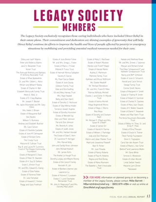 FISCAL YEAR 2014 ANNUAL REPORT 41
Dotsy and Jack* Adams
Peter and Rebecca Adams
Jane H. Alexander Trust
Anner Trust
The Romuald Anthony and Barbara
R. Anthony Revocable Trust
Estate of Rhea Applewhite
Dr. and Mrs. Gilbert L. Ashor
Miriam and William* Bailey
Estate of Charles H. Bell
Elizabeth Bertuccelli Family Trust
Merle E. Betz, Jr.
Estate of D. Craig Bigelow
Mr. Joseph F. Bleckel
Ms. Jayne Brechwald and Mr. Gary
Elkins
Mrs. Helen J. Brown
Estate of Marguerite Bulf
Don Bullick
William S. Burtness
Andrew and Elizabeth Butcher
Ms. Carol Carson
Estate of Charlotte Castalde
Estate of June M. Celmayster
Estate of Richard Certo
The Crosby Fund
Marjorie B. Cullman Trust
Roy R. and Laurie M. Cummins
Fund of The Oregon Community
Foundation
Estate of Margaret E. Davis
Estate of Peter M. Dearden
Estate of H. Guy Di Stefano
Grant C. Ehrlich Trust
Mr. and Mrs. Edward G. Ewing
Estate of Elsie Feibes
Estate of Florence Feiler
Dr. Julie Feinsilver
Estate of Howard C. Fenton
Peggy and Gary Finefrock
Estate of June Breton Fisher
Mr. and Mrs. Gregg L. Foster
Estate of Mario J. Frosali
Mildred K. Fusco Trust
Estate of Hannah Monica Gallagher
Sandra K. Garcia
Ms. Pearl Garcia-Baker
Estate of June Gaudy
Gildeson Family Trust
Kate and Dick Godfrey
Ed and Mary Harvey Trust
Mrs. Raye Haskell
Betty and Stan Hatch
Estate of Dorothy S. Hitchcock
Estate of Sibyl Wilma Holder
Terrence Joseph Hughes
Estate of Dorothy Humiston
Estate of Wendell Ing
Ellen and Peter Johnson
Pat and Dick Johnson
Ms. Beverly A. Jones
Estate of Judith Jones
Mr. and Mrs. Herbert Kendall
The Estate of Dale E. Kern
Dr. Laurence P. Kerrigan
Mrs. Marvel Kirby
John and Sandy Knox-Johnston
John Michael Koelsch
Mr. James Kohn
The Anette La Hough Trust
Dorothy Largay and Wayne Rosing
Estate of the Lensch Family
Kenneth R. Loh
Estate of Barbara Jeanne Lotz
Lawrence Lu
Estate of Yvonne C. Lucassen
Evelyn C. Lund Charitable
Remainder Trust
Mr. John A. Magnuson* and Mrs.
Dorothy MacCulloch
Estate of Mary C. MacEwan
Estate of Robert Maclean
Marilyn and Frank* Magid
Estate of Glenda Martin
Audrey E. Martinson
Martone Family Trust
Kathleen and Bruce McBroom
Ms. Estelle Meadoff
Mr. Michael Mendelson
Mr. and Mrs. Frank B. Miles
Patricia McNulty Mitchell
Charles J. and Esther R. Mlynek
Trust
Estate of Velma Morrell
Helga Angenendt Morris
Estate of Regis J. Morris
Rita Moya
Estate of Dorothy and Graham
Nash
Mr. Michael P. O’Neill and Mrs.
Sarah M. O’Neill*
Estate of James Orr
Estate of Harold A. Parma
Estate of William J. Partridge
Jody and Don Petersen
Martin and Lillian Platsko Trust
Mark and Josephine Polakoff
Alan R. Porter
Mr. Juan Posada
Estate of Nancy Roberts
Estate of Paul N. Roberts
Regina and Rick Roney
Estate of Maria Rosmann
The Babette L. Roth Irrevocable
Trust
Natalie and Matthew Rowe
Mr. and Mrs. Ernest J. Salomon
Maryan and Richard Schall
The Petar Schepanovich* and
Kathleen Schepanovich Trust
Nancy and Bill* Schlosser
Estate of June H. Schuerch
Harold and Carol Shrout
Sledge Family Trust
Connie Smith Nevins
Estate of Margaret H. Smith
Estate of Thelma R. Smith
Estate of Robert H. Sommer
Estate of Charles H. Sparkes
Estate of Mary Joan Staves
Estate of K. Walter Stawicki
Estate of Elaine F. Stepanek
Walter and Mae Stern Trust
The Anna Stuurmans Revocable
Trust
Estate of Wilbur H. Thies, Sr. and
Emily P. Thies
Estate of Elna Theusen
Estate of Grace A. Tickner
Tilton Family Foundation
Donn V. Tognazzini
Carol Van den Assem Trust
Estate of Marie L. Van Schie
Bettine* and Lawrence Wallin
Mr. Dana White
Simone G. Woodcock
Estate of Lillian Wurzel
Linda Seltzer Yawitz
Marjorie Lynn Zinner
*deceased
LEGACY SOCIETY
MEMBERS
The Legacy Society exclusively recognizes those caring individuals who have included Direct Relief in
their estate plans. Their commitment and dedication are shining examples of generosity that will help
Direct Relief continue its efforts to improve the health and lives of people affected by poverty or emergency
situations by mobilizing and providing essential medical resources needed for their care.
FOR MORE information on planned giving or on becoming a
member of the Legacy Society, please contact: Millie Barrett |
MBarrett@directrelief.org | (805) 879-4984 or visit us online at
DirectRelief.org/LegacySociety
 