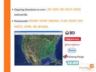• Ongoing donations to over 1,000 CLINICS AND HEALTH CENTERS
  nationwide

• Nationwide PROGRAMS SUPPORT UNINSURED, AT-RISK PATIENTS WITH

  DIABETES, ASTHMA, AND INFLUENZA.
 