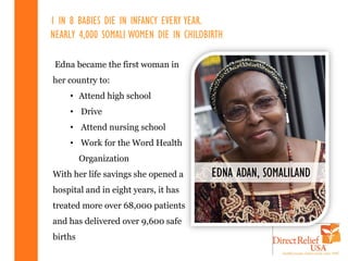 1 IN 8 BABIES DIE IN INFANCY EVERY YEAR.
NEARLY 4,000 SOMALI WOMEN DIE IN CHILDBIRTH

 Edna became the first woman in
her country to:
    • Attend high school
    • Drive
    • Attend nursing school
    • Work for the Word Health
         Organization
With her life savings she opened a      EDNA ADAN, SOMALILAND
hospital and in eight years, it has
treated more over 68,000 patients
and has delivered over 9,600 safe
births
 
