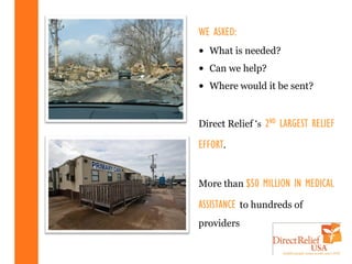 WE ASKED:
• What is needed?
• Can we help?
• Where would it be sent?


Direct Relief ‘s 2ND LARGEST RELIEF

EFFORT.


More than $50 MILLION IN MEDICAL

ASSISTANCE to hundreds of
providers
 