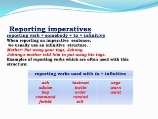 Reporting imperatives

reporting verb + somebody + to + infinitive
When reporting an imperative sentence,
we usually use an infinitive structure.
Mother: Put away your toys, Johnny.
Johnny's mother told him to put away his toys.
Examples of reporting verbs which are often used with this
structure:

reporting verbs used with to + infinitive
ask
advise
beg
command
forbid

instruct
invite
order
remind
tell

urge
warn
want

 