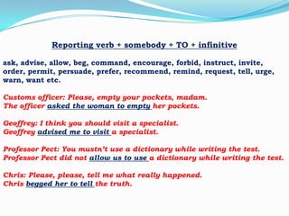 Reporting verb + somebody + TO + infinitive
ask, advise, allow, beg, command, encourage, forbid, instruct, invite,
order, permit, persuade, prefer, recommend, remind, request, tell, urge,
warn, want etc.
Customs officer: Please, empty your pockets, madam.
The officer asked the woman to empty her pockets.

Geoffrey: I think you should visit a specialist.
Geoffrey advised me to visit a specialist.
Professor Pect: You mustn’t use a dictionary while writing the test.
Professor Pect did not allow us to use a dictionary while writing the test.
Chris: Please, please, tell me what really happened.
Chris begged her to tell the truth.

 