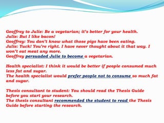 Geoffrey to Julie: Be a vegetarian; it’s better for your health.
Julie: But I like bacon!
Geoffrey: You don’t know what those pigs have been eating.
Julie: Yuck! You’re right. I have never thought about it that way. I
won’t eat meat any more.
Geoffrey persuaded Julie to become a vegetarian.
Health specialist: I think it would be better if people consumed much
less fat and sugar.
The health specialist would prefer people not to consume so much fat
and sugar.
Thesis consultant to student: You should read the Thesis Guide
before you start your research.
The thesis consultant recommended the student to read the Thesis
Guide before starting the research.

 