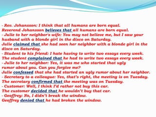 - Rev. Johansson: I think that all humans are born equal.
Reverend Johansson believes that all humans are born equal.
- Julie to her neighbor's wife: You may not believe me, but I saw your
husband with a blonde girl in the disco on Saturday.
Julie claimed that she had seen her neighbor with a blonde girl in the
disco on Saturday.
- Student to his friend: I hate having to write two essays every week.
The student complained that he had to write two essays every week.
- Julie to her neighbor: Yes, it was me who started that ugly
rumor about you. Can you forgive me?
Julie confessed that she had started an ugly rumor about her neighbor.
- Secretary to a colleague: Yes, that’s right, the meeting is on Tuesday.
The secretary confirmed that the meeting was on Tuesday.
- Customer: Well, I think I’d rather not buy this car.
The customer decided that he wouldn’t buy that car.
- Geoffrey: No, I didn’t break the window.
Geoffrey denied that he had broken the window.

 