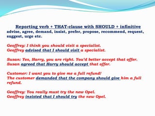Reporting verb + THAT-clause with SHOULD + infinitive
advise, agree, demand, insist, prefer, propose, recommend, request,
suggest, urge etc.
Geoffrey: I think you should visit a specialist.
Geoffrey advised that I should visit a specialist.
Susan: Yes, Harry, you are right. You’d better accept that offer.
Susan agreed that Harry should accept that offer.
Customer: I want you to give me a full refund!
The customer demanded that the company should give him a full
refund.

Geoffrey: You really must try the new Opel.
Geoffrey insisted that I should try the new Opel.

 