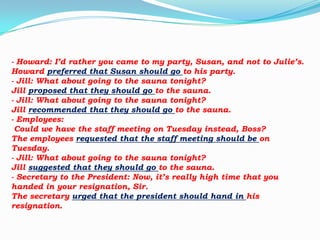 - Howard: I’d rather you came to my party, Susan, and not to Julie’s.
Howard preferred that Susan should go to his party.
- Jill: What about going to the sauna tonight?
Jill proposed that they should go to the sauna.
- Jill: What about going to the sauna tonight?
Jill recommended that they should go to the sauna.
- Employees:
Could we have the staff meeting on Tuesday instead, Boss?
The employees requested that the staff meeting should be on
Tuesday.
- Jill: What about going to the sauna tonight?
Jill suggested that they should go to the sauna.
- Secretary to the President: Now, it’s really high time that you
handed in your resignation, Sir.
The secretary urged that the president should hand in his
resignation.

 