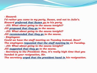 - Howard:
I’d rather you came to my party, Susan, and not to Julie’s.
Howard preferred that Susan go to his party.
- Jill: What about going to the sauna tonight?
Jill proposed that they go to the sauna.
- Jill: What about going to the sauna tonight?
Jill recommended that they go to the sauna.
- Employees:
Could we have the staff meeting on Tuesday instead, Boss?
The employees requested that the staff meeting be on Tuesday.
- Jill: What about going to the sauna tonight?
Jill suggested that they go to the sauna.
- Secretary to the President: Now, it’s really high time that you
handed in your resignation, Sir.
The secretary urged that the president hand in his resignation.

 