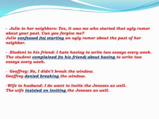- Julie to her neighbors: Yes, it was me who started that ugly rumor
about your past. Can you forgive me?
Julie confessed (to) starting an ugly rumor about the past of her
neighbor.
- Student to his friend: I hate having to write two essays every week.
The student complained (to his friend) about having to write two
essays every week.
- Geoffrey: No, I didn’t break the window.
Geoffrey denied breaking the window.
-Wife to husband: I do want to invite the Joneses as well.
The wife insisted on inviting the Joneses as well.

 
