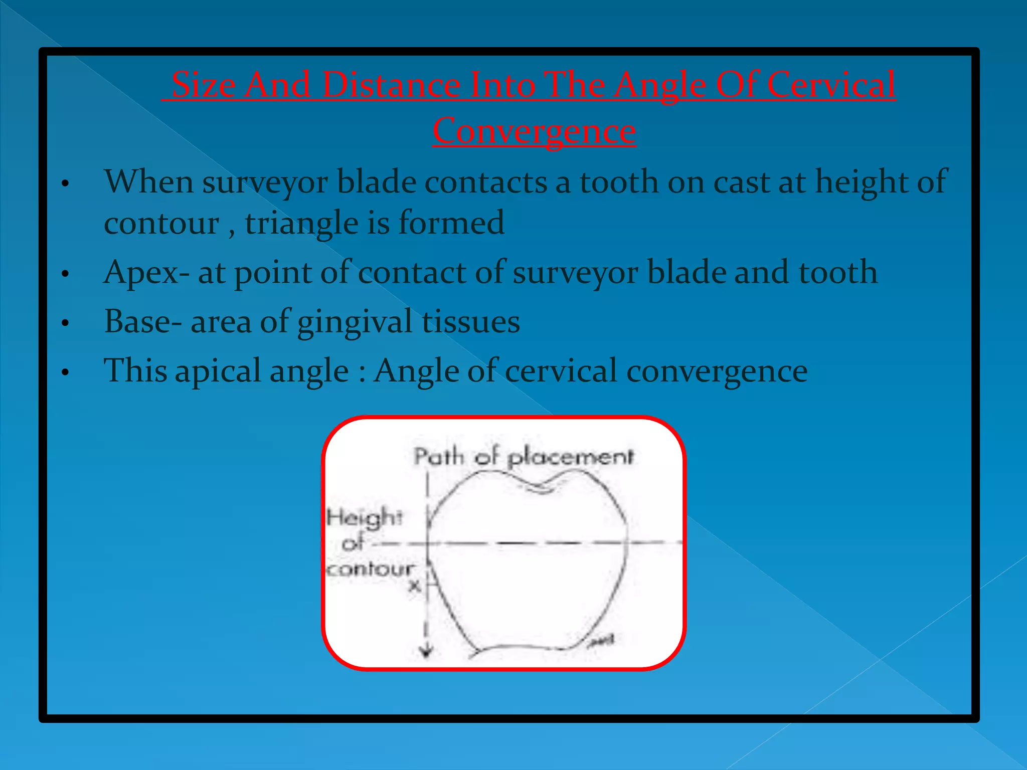 Size And Distance Into The Angle Of Cervical
Convergence
• When surveyor blade contacts a tooth on cast at height of
contour , triangle is formed
• Apex- at point of contact of surveyor blade and tooth
• Base- area of gingival tissues
• This apical angle : Angle of cervical convergence
 
