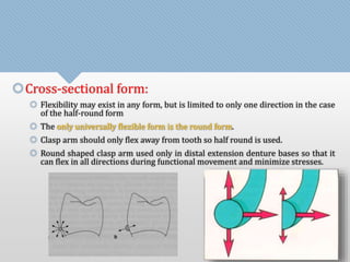 Cross-sectional form: 
 Flexibility may exist in any form, but is limited to only one direction in the case 
of the half-round form 
 The only universally flexible form is the round form. 
 Clasp arm should only flex away from tooth so half round is used. 
 Round shaped clasp arm used only in distal extension denture bases so that it 
can flex in all directions during functional movement and minimize stresses. 
 