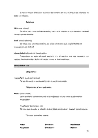 21
Si no hay ningún archivo de autoridad de nombres en uso, el atributo de autoridad no
debe ser utilizado.
Optativos
ID (enlace interno)
Se utiliza para conectar internamente y para hacer referencia a un elemento fuera del
recurso que se describe.
xlink (enlace externo)
Se utiliza para un enlace externo. La única subdivision que acepta MODS del
lenguaje xml, es xlink:ref.
displayLabel (etiqueta de visualización)
Proporciona un texto adicional asociado con el nombre, que sea necesario por
motivos de visualización. No incluir los dos puntos al finalizar el texto.
SUBELEMENTOS
Obligatorios
<namePart> (parte del nombre)
Partes del nombre, que juntas forman el nombre completo.
Obligatorios si son aplicables
<role> (rol o función)
Es un elemento contenedor para el rol registrado en uno o más subelementos
<roleTerm>.
<roleTerm> (término de rol)
Término que describe la relación de la entidad registrada en <name> con el recurso.
Términos que deben usarse:
Actor
Adaptador
Difamado
Difamador
Moderador
Monitor
 