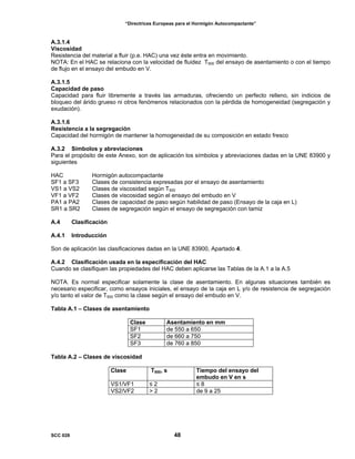 “Directrices Europeas para el Hormigón Autocompactante”
A.3.1.4
Viscosidad
Resistencia del material a fluir (p.e. HAC) una vez éste entra en movimiento.
NOTA: En el HAC se relaciona con la velocidad de fluidez T500 del ensayo de asentamiento o con el tiempo
de flujo en el ensayo del embudo en V.
A.3.1.5
Capacidad de paso
Capacidad para fluir libremente a través las armaduras, ofreciendo un perfecto relleno, sin indicios de
bloqueo del árido grueso ni otros fenómenos relacionados con la pérdida de homogeneidad (segregación y
exudación).
A.3.1.6
Resistencia a la segregación
Capacidad del hormigón de mantener la homogeneidad de su composición en estado fresco
A.3.2 Símbolos y abreviaciones
Para el propósito de este Anexo, son de aplicación los símbolos y abreviaciones dadas en la UNE 83900 y
siguientes
HAC Hormigón autocompactante
SF1 a SF3 Clases de consistencia expresadas por el ensayo de asentamiento
VS1 a VS2 Clases de viscosidad según T500
VF1 a VF2 Clases de viscosidad según el ensayo del embudo en V
PA1 a PA2 Clases de capacidad de paso según habilidad de paso (Ensayo de la caja en L)
SR1 a SR2 Clases de segregación según el ensayo de segregación con tamiz
A.4 Clasificación
A.4.1 Introducción
Son de aplicación las clasificaciones dadas en la UNE 83900, Apartado 4.
A.4.2 Clasificación usada en la especificación del HAC
Cuando se clasifiquen las propiedades del HAC deben aplicarse las Tablas de la A.1 a la A.5
NOTA. Es normal especificar solamente la clase de asentamiento. En algunas situaciones también es
necesario especificar, como ensayos iniciales, el ensayo de la caja en L y/o de resistencia de segregación
y/o tanto el valor de T500 como la clase según el ensayo del embudo en V.
Tabla A.1 – Clases de asentamiento
Clase Asentamiento en mm
SF1 de 550 a 650
SF2 de 660 a 750
SF3 de 760 a 850
Tabla A.2 – Clases de viscosidad
Clase T500, s Tiempo del ensayo del
embudo en V en s
VS1/VF1 ≤ 2 ≤ 8
VS2/VF2 > 2 de 9 a 25
SCC 028 48
 