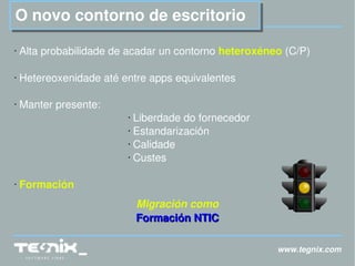 www.tegnix.com O novo contorno de escritorio Alta probabilidade de acadar un contorno  heteroxéneo  (C/P) Hetereoxenidade até entre apps equivalentes Manter presente: Liberdade do fornecedor Estandarización Calidade Custes Formación   Migración como Formación NTIC 
