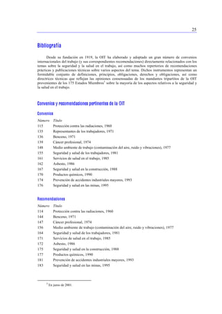 25 
Bibliografía 
Desde su fundación en 1919, la OIT ha elaborado y adoptado un gran número de convenios 
internacionales del trabajo (y sus correspondientes recomendaciones) directamente relacionados con los 
temas sobre la seguridad y la salud en el trabajo, así como muchos repertorios de recomendaciones 
prácticas y publicaciones técnicas sobre varios aspectos del tema. Dichos instrumentos representan un 
formidable conjunto de definiciones, principios, obligaciones, derechos y obligaciones, así como 
directrices técnicas que reflejan las opiniones consensuadas de los mandantes tripartitos de la OIT 
provenientes de los 175 Estados Miembros3 sobre la mayoría de los aspectos relativos a la seguridad y 
la salud en el trabajo. 
Convenios y recomendaciones pertinentes de la OIT 
Convenios 
Número Título 
115 Protección contra las radiaciones, 1960 
135 Representantes de los trabajadores, 1971 
136 Benceno, 1971 
139 Cáncer profesional, 1974 
148 Medio ambiente de trabajo (contaminación del aire, ruido y vibraciones), 1977 
155 Seguridad y salud de los trabajadores, 1981 
161 Servicios de salud en el trabajo, 1985 
162 Asbesto, 1986 
167 Seguridad y salud en la construcción, 1988 
170 Productos químicos, 1990 
174 Prevención de accidentes industriales mayores, 1993 
176 Seguridad y salud en las minas, 1995 
Recomendaciones 
Número Título 
114 Protección contra las radiaciones, 1960 
144 Benceno, 1971 
147 Cáncer profesional, 1974 
156 Medio ambiente de trabajo (contaminación del aire, ruido y vibraciones), 1977 
164 Seguridad y salud de los trabajadores, 1981 
171 Servicios de salud en el trabajo, 1985 
172 Asbesto, 1986 
175 Seguridad y salud en la construcción, 1988 
177 Productos químicos, 1990 
181 Prevención de accidentes industriales mayores, 1993 
183 Seguridad y salud en las minas, 1995 
3 En junio de 2001. 
 