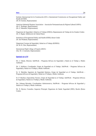 Anexo 29 
Instituto Internacional de la Construcción (ICI) e International Commission on Occupational Safety and 
Health (ICOSH) 
(Dr. B. Goelzer, Representante) 
American Industrial Hygiene Association – Asociación Norteamericana de Higiene Laboral (AIHA) 
(Dr. C. Redinger, Representante) 
(Dr. Z. Mansdorf, Representante) 
Organismo de Seguridad y Salud en el Trabajo (OSHA), Departamento de Trabajo de los Estados Unidos 
(Sr. Z. Bagdy, Subdirector de Federal State) 
Institution of Occupational Safety and Health (IOSH), Reino Unido 
(Sr. Ian Waldram, Representante) 
Organismo Coreano de Seguridad y Salud en el Trabajo (KOSHA) 
(Sr. B.-N. Choi, Representante) 
International High College of Experts (IHCE) 
(Sra. M. J. Canizarès, Representante) 
Secretaría de la OIT 
Dr. J. Takala, Director, SafeWork – Programa InFocus de Seguridad y Salud en el Trabajo y Medio 
Ambiente. 
Dr. J. Serbitzer, Coordinador, Grupo de Seguridad en el Trabajo, SafeWork – Programa InFocus de 
Seguridad y Salud en el Trabajo y Medio Ambiente. 
Sr. S. Machida, Ingeniero de Seguridad Química, Grupo de Seguridad en el Trabajo, SafeWork – 
Programa InFocus de Seguridad y Salud en el Trabajo y Medio Ambiente. 
Sr. P. Baichoo, Especialista Técnico, Grupo de Seguridad en el Trabajo, SafeWork – Programa InFocus 
de Seguridad y Salud en el Trabajo y Medio Ambiente. 
Sra. Johanna Boixader, Coordinadora Administrativa, SafeWork – Programa InFocus de Seguridad y 
Salud en el Trabajo y Medio Ambiente. 
Dr. N. Byrom, Consultor, Inspector Principal, Organismo de Salud, Seguridad (HSE), Bootle (Reino 
Unido). 
 