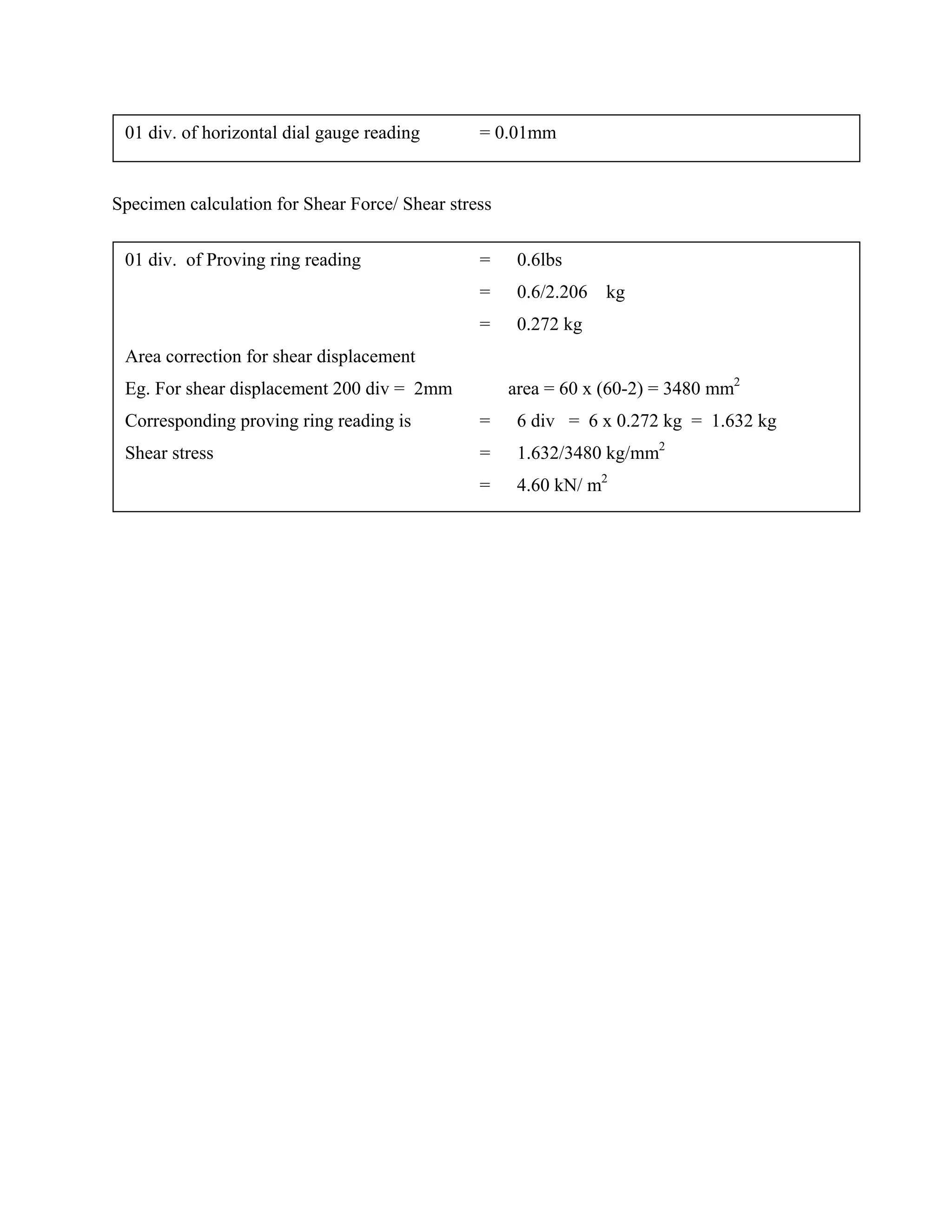 Specimen calculation for Shear Force/ Shear stress
01 div. of horizontal dial gauge reading = 0.01mm
01 div. of Proving ring reading = 0.6lbs
= 0.6/2.206 kg
= 0.272 kg
Area correction for shear displacement
Eg. For shear displacement 200 div = 2mm area = 60 x (60-2) = 3480 mm2
Corresponding proving ring reading is = 6 div = 6 x 0.272 kg = 1.632 kg
Shear stress = 1.632/3480 kg/mm2
= 4.60 kN/ m2
 