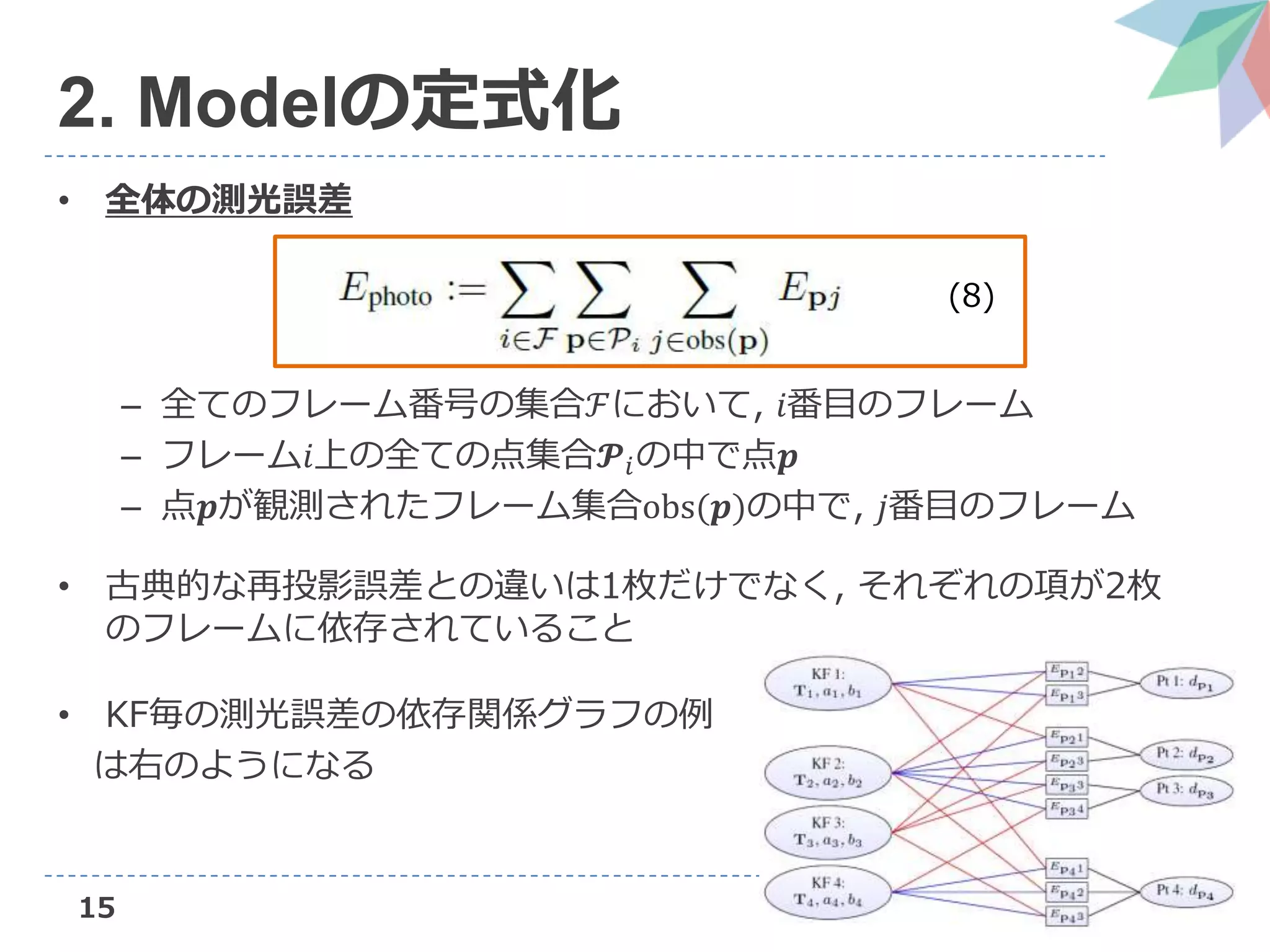 15
2. Modelの定式化
• 全体の測光誤差
– 全てのフレーム番号の集合ℱにおいて, 𝑖番目のフレーム
– フレーム𝑖上の全ての点集合𝓟𝑖の中で点𝒑
– 点𝒑が観測されたフレーム集合obs(𝒑)の中で, 𝑗番目のフレーム
• 古典的な再投影誤差との違いは1枚だけでなく, それぞれの項が2枚
のフレームに依存されていること
• KF毎の測光誤差の依存関係グラフの例
は右のようになる
(8)
 