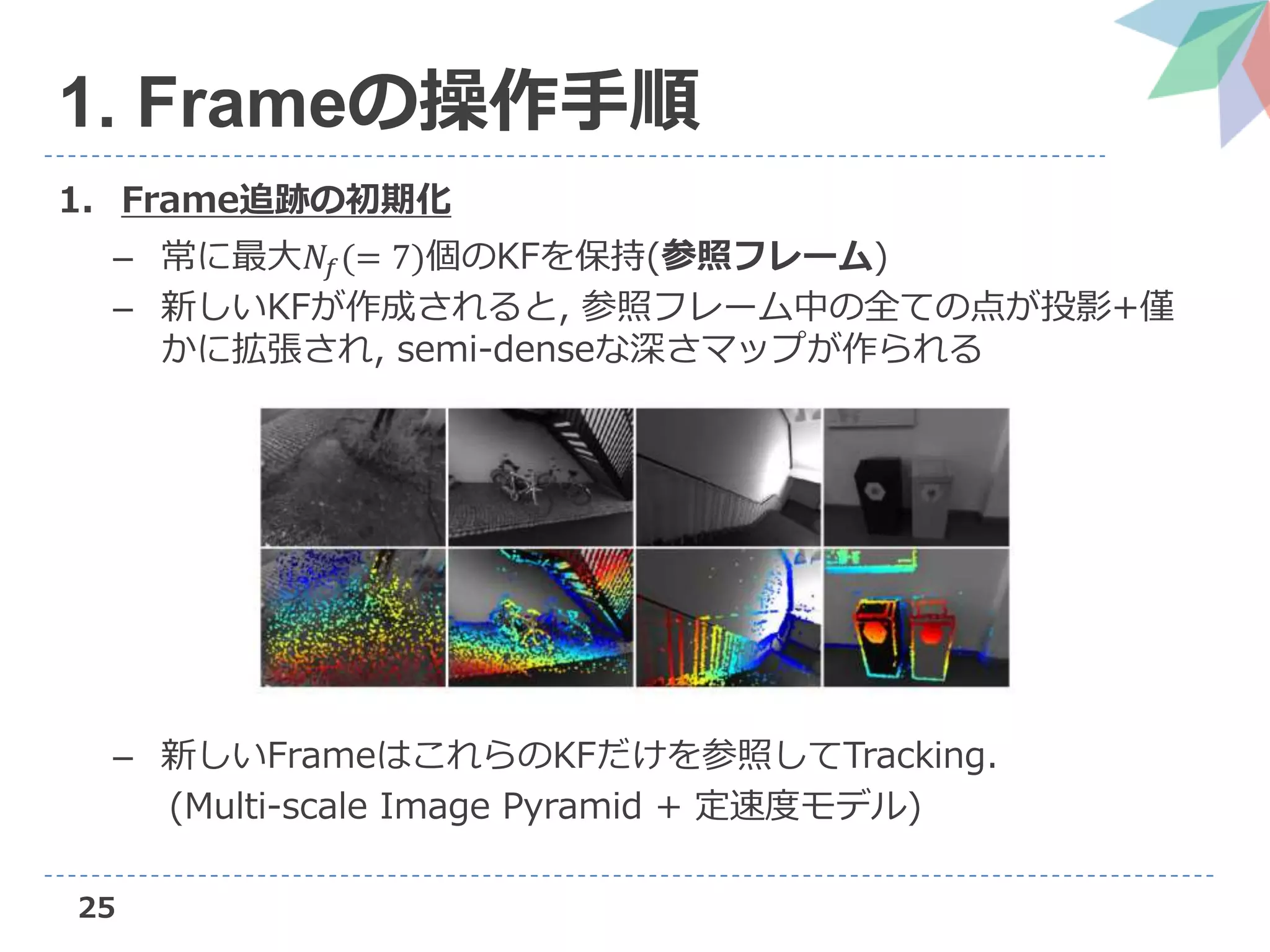 25
1. Frameの操作手順
1. Frame追跡の初期化
– 常に最大𝑁𝑓(= 7)個のKFを保持(参照フレーム)
– 新しいKFが作成されると, 参照フレーム中の全ての点が投影+僅
かに拡張され, semi-denseな深さマップが作られる
– 新しいFrameはこれらのKFだけを参照してTracking.
(Multi-scale Image Pyramid + 定速度モデル)
 