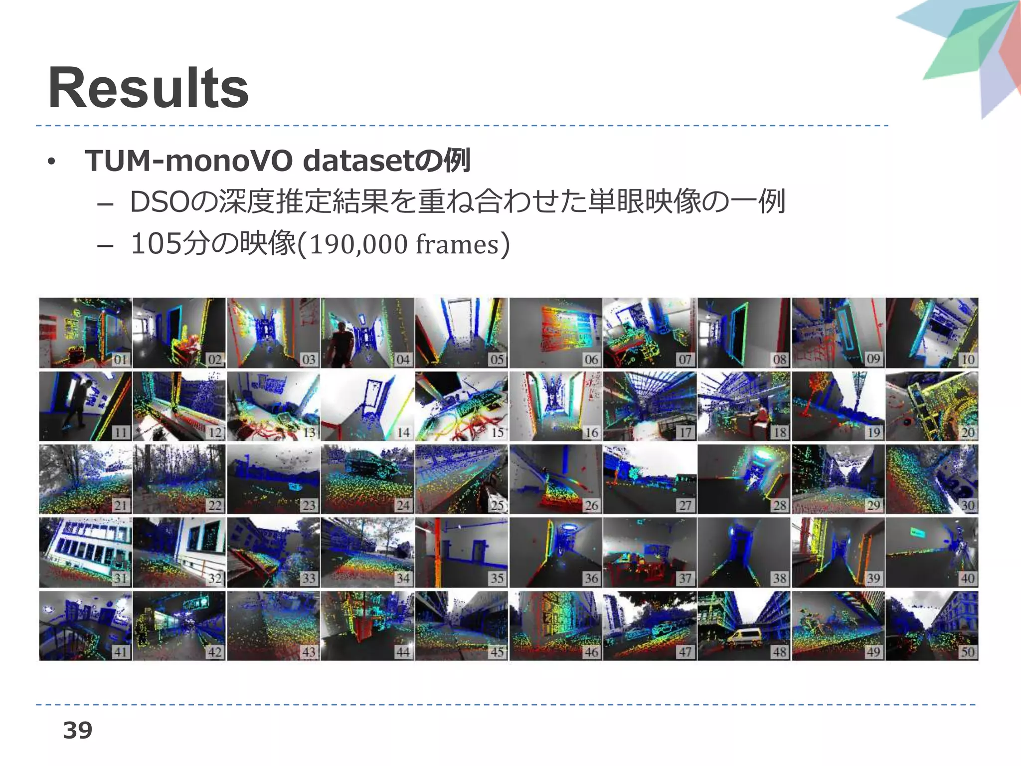 39
Results
• TUM-monoVO datasetの例
– DSOの深度推定結果を重ね合わせた単眼映像の一例
– 105分の映像(190,000 frames)
 