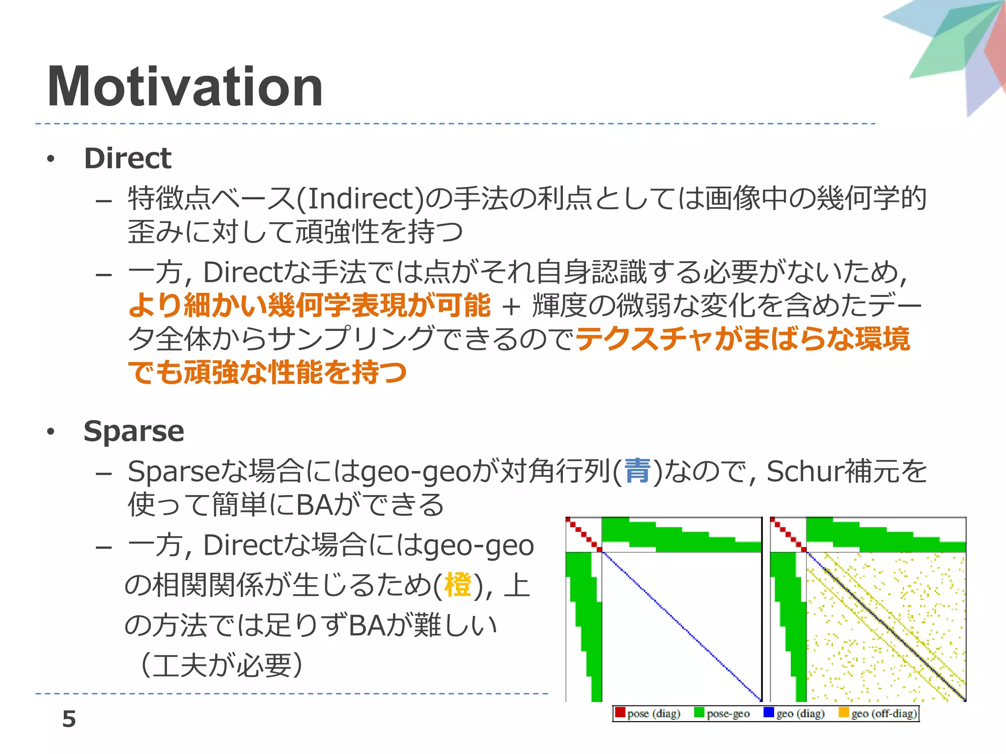 5
Motivation
• Direct
– 特徴点ベース(Indirect)の手法の利点としては画像中の幾何学的
歪みに対して頑強性を持つ
– 一方, Directな手法では点がそれ自身認識する必要がないため,
より細かい幾何学表現が可能 + 輝度の微弱な変化を含めたデー
タ全体からサンプリングできるのでテクスチャがまばらな環境
でも頑強な性能を持つ
• Sparse
– Sparseな場合にはgeo-geoが対角行列(青)なので, Schur補元を
使って簡単にBAができる
– 一方, Directな場合にはgeo-geo
の相関関係が生じるため(橙), 上
の方法では足りずBAが難しい
（工夫が必要）
 