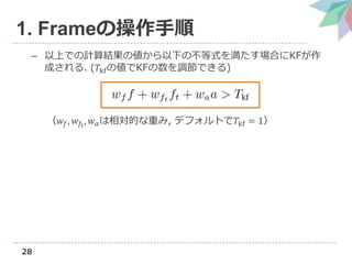– 以上での計算結果の値から以下の不等式を満たす場合にKFが作
成される. (𝑇kfの値でKFの数を調節できる)
（𝑤𝑓, 𝑤𝑓𝑡
, 𝑤 𝑎は相対的な重み, デフォルトで𝑇kf = 1）
28
1. Frameの操作手順
 
