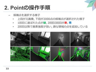 33
2. Pointの操作手順
– 候補点を選択する様子
• 上段が元画像, 下段が2000点の候補点が選択された様子
• 1回目に選ばれた点が緑, 2回目3回目が赤, 青
• 2回目以降で画素強度が弱い, 疎な領域の点を追加している
 