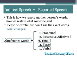 Indirect Speech = Reported Speech
 This is how we report another person´s words,
how we restate what someone said.
 Please be careful: we don´t use the exact words.
What changes?
1. Pronouns
2. Possessive Adjetives
A.Reference words 3. Time
4. Place
5. Verbs
 