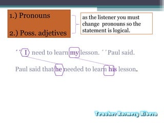 1.) Pronouns
2.) Poss. adjetives
´´ I need to learn my lesson. ´´Paul said.
Paul said that he needed to learn his lesson.
as the listener you must
change pronouns so the
statement is logical.
 