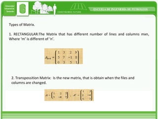 Types of Matrix. 1. RECTANGULAR:The Matrix that has different number of lines and columns mxn, Where ‘m’ is different of ‘n’. 2. Transpossition Matrix:  Is the new matrix, that is obtain when the files and columns are changed. 
