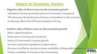 Impact on Economic Factors
 Negative sides of direct taxes on the economic growth:
• Individual’s income generation process of economy is hampered.
• This decreases the production of luxury commodities in the economy
• It adversely affects the GDP and standards of living.
 Positive sides of direct taxes on the economic growth:
• Better capital formation
• Inducement of saving and investment
• Surety of Government’s revenue growth
• Increase in planned expenditure of government
• Decrease in inflation rate due to lesser availability of disposable income to persons
• Timely availability of revenue to the Government
 