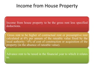 Income from House Property


Income from house property to be the gross rent less specified
deductions.

 Gross rent to be higher of contractual rent or presumptive rent
calculated at 6% per annum of the rateable value fixed by the
local authority / 6% of cost of construction or acquisition of the
property (in the absence of rateable value).

Advance rent to be taxed in the financial year to which it relates
to.
 