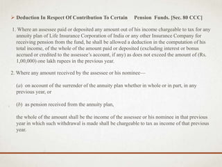  Deduction In Respect Of Contribution To Certain Pension Funds. [Sec. 80 CCC]
1. Where an assessee paid or deposited any amount out of his income chargeable to tax for any
annuity plan of Life Insurance Corporation of India or any other Insurance Company for
receiving pension from the fund, he shall be allowed a deduction in the computation of his
total income, of the whole of the amount paid or deposited (excluding interest or bonus
accrued or credited to the assessee’s account, if any) as does not exceed the amount of (Rs.
1,00,000) one lakh rupees in the previous year.
2. Where any amount received by the assessee or his nominee—
(a) on account of the surrender of the annuity plan whether in whole or in part, in any
previous year, or
(b) as pension received from the annuity plan,
the whole of the amount shall be the income of the assessee or his nominee in that previous
year in which such withdrawal is made shall be chargeable to tax as income of that previous
year.
 