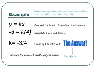 Example  y = kx   Start with the function form of the direct variation. -3 = k(4)  Substitute 4 for   x  and -3 for  y. k= -3/4   Divide by 4 to solve for  k. Substitute the value of k into the original formula. The Answer! Y= -3/4 x Write an equation of the direct variation that includes the point (4, -3). 