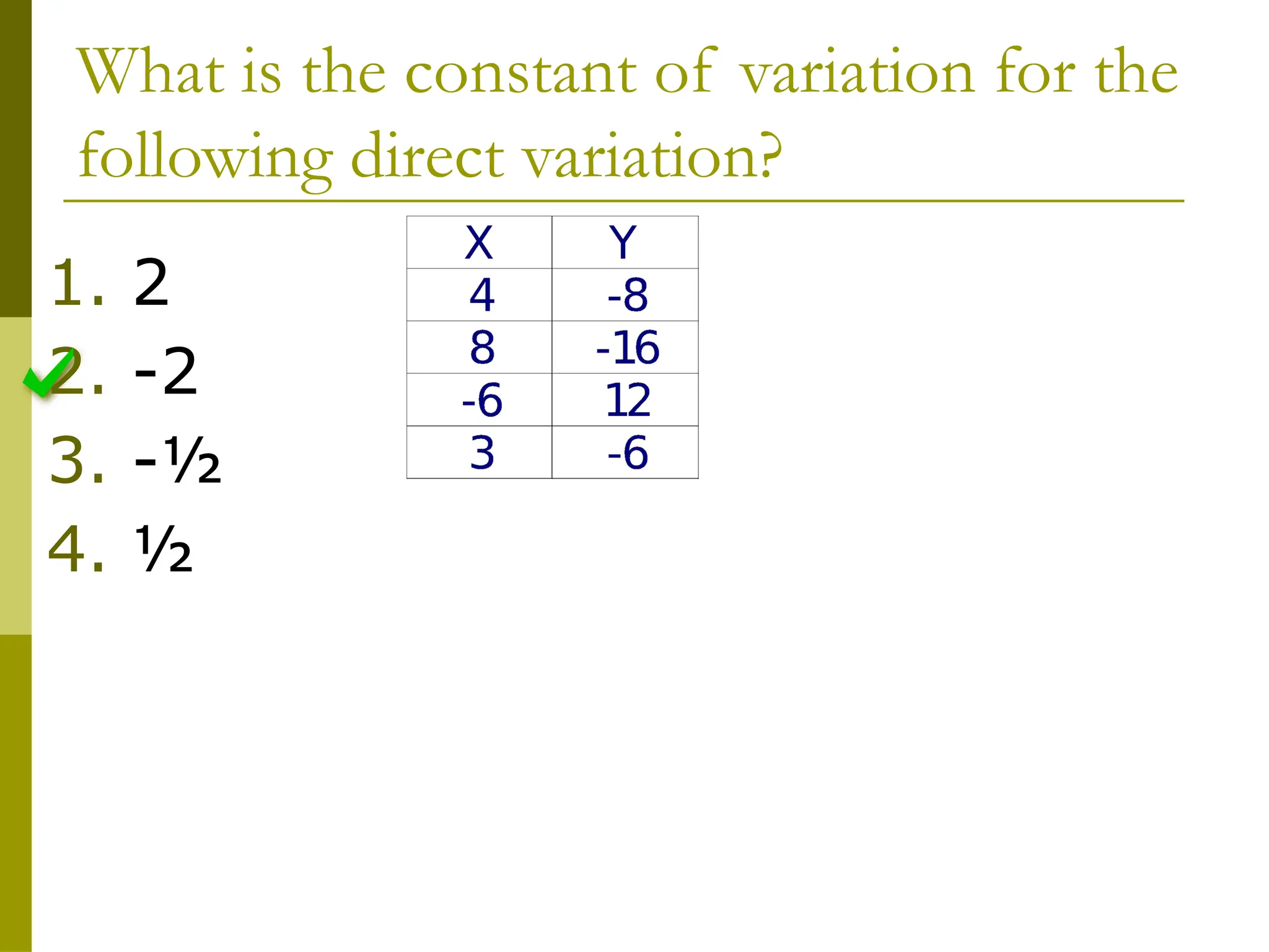 What is the constant of variation for the
following direct variation?
1. 2
2. -2
3. -½
4. ½
 