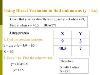Given that y varies directly with x, and y = 3 when x=9, Find y when x = 40.5.  HOW???  2 step process 1. Find the constant variation. k = y/x or k = 3/9 = 1/3  K = 1/3 2. Use y = kx. Find the unknown (x). y= (1/3)40.5  y= 13.5 Therefore: X =40.5 when Y=13.5 Using Direct Variation to find unknowns (y = kx) 