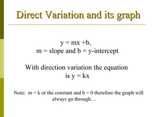 Direct Variation and its graph y = mx +b,  m = slope and b = y-intercept With direction variation the equation  is y = kx Note:  m = k or the constant and b = 0 therefore the graph will always go through…  