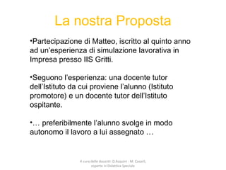A cura delle docenti: D.Asquini - M. Casaril,
esperte in Didattica Speciale
La nostra Proposta
•Partecipazione di Matteo, iscritto al quinto anno
ad un’esperienza di simulazione lavorativa in
Impresa presso IIS Gritti.
•Seguono l’esperienza: una docente tutor
dell’Istituto da cui proviene l’alunno (Istituto
promotore) e un docente tutor dell’Istituto
ospitante.
•… preferibilmente l’alunno svolge in modo
autonomo il lavoro a lui assegnato …
 