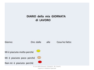 A cura delle docenti: D.Asquini - M. Casaril,
esperte in Didattica Speciale
DIARIO della mia GIORNATA
di LAVORO
Giorno: Ore: dalle alle Cosa ho fatto:
Mi è piaciuto molto perché
Mi è piaciuto poco perché
Non mi è piaciuto perché
 