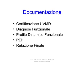 Documentazione
• Certificazione UVMD
• Diagnosi Funzionale
• Profilo Dinamico Funzionale
• PEI
• Relazione Finale
A cura delle docenti: D.Asquini - M. Casaril,
esperte in Didattica Speciale
 