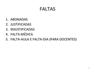 FALTAS ABONADAS JUSTIFICADAS INJUSTIFICADAS FALTA MÉDICA FALTA-AULA E FALTA-DIA (PARA DOCENTES) 