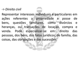 -> Direito civil
Representar interesses individuais e particulares em
ações referentes a propriedade e posse de
bens, questões familiares, como divórcios e
heranças, ou transações de locação, compra e
venda. Pode especializar-se em: direito das
pessoas, dos bens, dos fatos jurídicos, de família, das
coisas, das obrigações e das sucessões.

 
