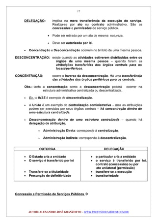 DELEGAÇÃO: implica na mera transferência da execução do serviço.
Realiza-se por ato ou contrato administrativo. São as
concessões e permissões do serviço público.
• Pode ser retirado por um ato de mesma natureza.
• Deve ser autorizada por lei.
• Concentração e Desconcentração ocorrem no âmbito de uma mesma pessoa.
DESCONCENTRAÇÃO: existe quando as atividades estiverem distribuídas entre os
órgãos de uma mesma pessoa – quando forem as
atribuições transferidas dos órgãos centrais para os
locais/periféricos.
CONCENTRAÇÃO: ocorre o inverso da desconcentração. Há uma transferência
das atividades dos órgãos periféricos para os centrais.
Obs.: tanto a concentração como a desconcentração poderá ocorrer na
estrutura administrativa centralizada ou descentralizada.
• Ex.: o INSS é exemplo de descentralização.
• A União é um exemplo de centralização administrativa – mas as atribuições
podem ser exercidas por seus órgãos centrais – há concentração dentro de
uma estrutura centralizada.
• Desconcentração dentro de uma estrutura centralizada – quando há
delegação de atribuição.
• Administração Direta: corresponde à centralização.
• Administração indireta: corresponde à descentralização.
OUTORGA DELEGAÇÃO
• O Estado cria a entidade
• O serviço é transferido por lei
• Transfere-se a titularidade
• Presunção de definitividade
• o particular cria a entidade
• o serviço é transferido por lei,
contrato (concessão) ou por
ato unilateral (permissão)
• transfere-se a execução
• transitoriedade
Concessão e Permissão de Serviços Públicos 
AUTOR: ALEXANDRE JOSÉ GRANZOTTO – WWW.PROFESSORAMORIM.COM.BR
17
 