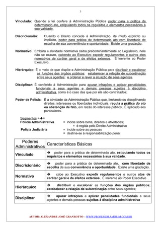 Vinculado: Quando a lei confere à Administração Pública poder para a prática de
determinado ato, estipulando todos os requisitos e elementos necessários à
sua validade.
Discricionário: Quando o Direito concede à Administração, de modo explícito ou
implícito, poder para prática de determinado ato com liberdade de
escolha de sua conveniência e oportunidade. Existe uma gradação.
Normativo: Embora a atividade normativa caiba predominantemente ao Legislativo, nele
não se exaure, cabendo ao Executivo expedir regulamentos e outros atos
normativos de caráter geral e de efeitos externos. É inerente ao Poder
Executivo.
Hierárquico: É o meio de que dispõe a Administração Pública para distribuir e escalonar
as funções dos órgãos públicos; estabelecer a relação de subordinação
entre seus agentes; e ordenar e rever a atuação de seus agentes.
Disciplinar: É conferido à Administração para apurar infrações e aplicar penalidades
funcionais a seus agentes e demais pessoas sujeitas à disciplina
administrativa, como é o caso das que por ela são contratados;
Poder de Polícia: É a atividade da Administração Pública que, limitando ou disciplinando
direitos, interesses ou liberdades individuais, regula a prática do ato
ou abstenção de fato, em razão do interesse público. É aplicado aos
particulares.
Segmentos ==
Policia Administrativa = incide sobre bens, direitos e atividades;
= é regida pelo Direito Administrativo
Policia Judiciária = incide sobre as pessoas
= destina-se à responsabilização penal
Poderes
Administrativos
Características Básicas
Vinculado
 poder para a prática de determinado ato, estipulando todos os
requisitos e elementos necessários à sua validade.
Discricionário
 poder para a prática de determinado ato, com liberdade de
escolha de sua conveniência e oportunidade. Existe uma gradação.
Normativo
 cabe ao Executivo expedir regulamentos e outros atos de
caráter geral e de efeitos externos. É inerente ao Poder Executivo
Hierárquico
 distribuir e escalonar as funções dos órgãos públicos;
estabelecer a relação de subordinação entre seus agentes;
Disciplinar
 apurar infrações e aplicar penalidades funcionais a seus
agentes e demais pessoas sujeitas à disciplina administrativa
AUTOR: ALEXANDRE JOSÉ GRANZOTTO – WWW.PROFESSORAMORIM.COM.BR
3
 
