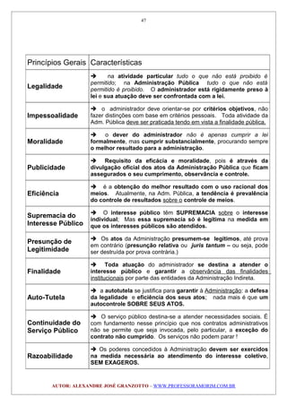 AUTOR: ALEXANDRE JOSÉ GRANZOTTO – WWW.PROFESSORAMORIM.COM.BR
Princípios Gerais Características
Legalidade
 na atividade particular tudo o que não está proibido é
permitido; na Administração Pública tudo o que não está
permitido é proibido. O administrador está rigidamente preso à
lei e sua atuação deve ser confrontada com a lei.
Impessoalidade
 o administrador deve orientar-se por critérios objetivos, não
fazer distinções com base em critérios pessoais. Toda atividade da
Adm. Pública deve ser praticada tendo em vista a finalidade pública.
Moralidade
 o dever do administrador não é apenas cumprir a lei
formalmente, mas cumprir substancialmente, procurando sempre
o melhor resultado para a administração.
Publicidade
 Requisito da eficácia e moralidade, pois é através da
divulgação oficial dos atos da Administração Pública que ficam
assegurados o seu cumprimento, observância e controle.
Eficiência
 é a obtenção do melhor resultado com o uso racional dos
meios. Atualmente, na Adm. Pública, a tendência é prevalência
do controle de resultados sobre o controle de meios.
Supremacia do
Interesse Público
 O interesse público têm SUPREMACIA sobre o interesse
individual; Mas essa supremacia só é legítima na medida em
que os interesses públicos são atendidos.
Presunção de
Legitimidade
 Os atos da Administração presumem-se legítimos, até prova
em contrário (presunção relativa ou juris tantum – ou seja, pode
ser destruída por prova contrária.)
Finalidade
 Toda atuação do administrador se destina a atender o
interesse público e garantir a observância das finalidades
institucionais por parte das entidades da Administração Indireta.
Auto-Tutela
 a autotutela se justifica para garantir à Administração: a defesa
da legalidade e eficiência dos seus atos; nada mais é que um
autocontrole SOBRE SEUS ATOS.
Continuidade do
Serviço Público
 O serviço público destina-se a atender necessidades sociais. É
com fundamento nesse princípio que nos contratos administrativos
não se permite que seja invocada, pelo particular, a exceção do
contrato não cumprido. Os serviços não podem parar !
Razoabilidade
 Os poderes concedidos à Administração devem ser exercidos
na medida necessária ao atendimento do interesse coletivo,
SEM EXAGEROS.
47
 