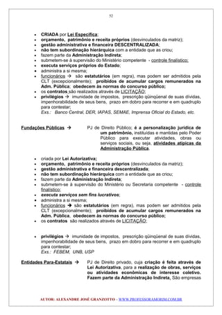 • CRIADA por Lei Específica;
• orçamento, patrimônio e receita próprios (desvinculados da matriz);
• gestão administrativa e financeira DESCENTRALIZADA;
• não tem subordinação hierárquica com a entidade que as criou;
• fazem parte da Administração Indireta;
• submetem-se à supervisão do Ministério competente - controle finalístico;
• executa serviços próprios do Estado;
• administra a si mesma;
• funcionários  são estatutários (em regra), mas podem ser admitidos pela
CLT (excepcionalmente); proibidos de acumular cargos remunerados na
Adm. Pública; obedecem às normas do concurso público;
• os contratos são realizados através de LICITAÇÃO;
• privilégios  imunidade de impostos, prescrição qüinqüenal de suas dívidas,
impenhorabilidade de seus bens, prazo em dobro para recorrer e em quadruplo
para contestar;
Exs.: Banco Central, DER, IAPAS, SEMAE, Imprensa Oficial do Estado, etc.
Fundações Públicas  PJ de Direito Público; é a personalização jurídica de
um patrimônio, instituídas e mantidas pelo Poder
Público para executar atividades, obras ou
serviços sociais, ou seja, atividades atípicas da
Administração Pública.
• criada por Lei Autorizativa;
• orçamento, patrimônio e receita próprios (desvinculados da matriz);
• gestão administrativa e financeira descentralizada;
• não tem subordinação hierárquica com a entidade que as criou;
• fazem parte da Administração Indireta;
• submetem-se à supervisão do Ministério ou Secretaria competente - controle
finalístico;
• executa serviços sem fins lucrativos;
• administra a si mesma;
• funcionários  são estatutários (em regra), mas podem ser admitidos pela
CLT (excepcionalmente); proibidos de acumular cargos remunerados na
Adm. Pública, obedecem às normas do concurso público;
• os contratos são realizados através de LICITAÇÃO;
• privilégios  imunidade de impostos, prescrição qüinqüenal de suas dívidas,
impenhorabilidade de seus bens, prazo em dobro para recorrer e em quadruplo
para contestar;
Exs.: FEBEM, UNB, USP
Entidades Para-Estatais  PJ de Direito privado, cuja criação é feita através de
Lei Autorizativa, para a realização de obras, serviços
ou atividades econômicas de interesse coletivo.
Fazem parte da Administração Indireta. São empresas
AUTOR: ALEXANDRE JOSÉ GRANZOTTO – WWW.PROFESSORAMORIM.COM.BR
52
 