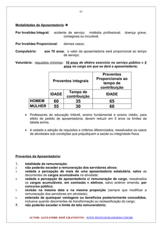 Modalidades de Aposentadoria 
Por Invalidez Integral: acidente de serviço; moléstia profissional; doença grave,
contagiosa ou incurável;
Por Invalidez Proporcional: demais casos;
Compulsória: aos 70 anos; o valor da aposentadoria será proporcional ao tempo
de serviço;
Voluntária: requisitos mínimos: 10 anos de efetivo exercício no serviço público e 5
anos no cargo em que se dará a aposentadoria;
Proventos integrais
Proventos
Proporcionais ao
tempo de
contribuição
IDADE
Tempo de
contribuição
IDADE
HOMEM 60 35 65
MULHER 55 30 60
• Professores de educação Infantil, ensino fundamental e ensino médio, para
efeito de pedido de aposentadoria, devem reduzir em 5 anos os limites da
tabela acima.
• é vedada a adoção de requisitos e critérios diferenciados, ressalvados os casos
de atividades sob condições que prejudiquem a saúde ou integridade física
Proventos da Aposentadoria:
1. totalidade da remuneração;
2. não poderão exceder a remuneração dos servidores ativos;
3. vedada a percepção de mais de uma aposentadoria estatutária, salvo as
decorrentes de cargos acumuláveis na atividade;
4. vedada a percepção de aposentadoria c/ remuneração de cargo, ressalvados
os cargos acumuláveis, em comissão e eletivos, salvo anterior emenda, por
concurso público;
5. revisão na mesma data e na mesma proporção (sempre que modificar a
remuneração dos servidores em atividade);
6. extensão de quaisquer vantagens ou benefícios posteriormente concedidos,
inclusive quando decorrentes de transformação ou reclassificação do cargo;
7. não poderão exceder o limite do teto remuneratório;
AUTOR: ALEXANDRE JOSÉ GRANZOTTO – WWW.PROFESSORAMORIM.COM.BR
65
 