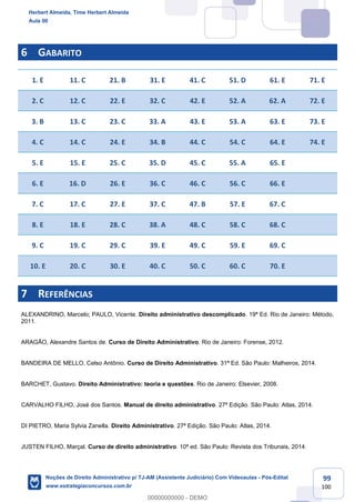99
100
6 GABARITO
1. E 11. C 21. B 31. E 41. C 51. D 61. E 71. E
2. C 12. C 22. E 32. C 42. E 52. A 62. A 72. E
3. B 13. C 23. C 33. A 43. E 53. A 63. E 73. E
4. C 14. C 24. E 34. B 44. C 54. C 64. E 74. E
5. E 15. E 25. C 35. D 45. C 55. A 65. E
6. E 16. D 26. E 36. C 46. C 56. C 66. E
7. C 17. C 27. E 37. C 47. B 57. E 67. C
8. E 18. E 28. C 38. A 48. C 58. C 68. C
9. C 19. C 29. C 39. E 49. C 59. E 69. C
10. E 20. C 30. E 40. C 50. C 60. C 70. E
7 REFERÊNCIAS
ALEXANDRINO, Marcelo; PAULO, Vicente. Direito administrativo descomplicado. 19ª Ed. Rio de Janeiro: Método,
2011.
ARAGÃO, Alexandre Santos de. Curso de Direito Administrativo. Rio de Janeiro: Forense, 2012.
BANDEIRA DE MELLO, Celso Antônio. Curso de Direito Administrativo. 31ª Ed. São Paulo: Malheiros, 2014.
BARCHET, Gustavo. Direito Administrativo: teoria e questões. Rio de Janeiro: Elsevier, 2008.
CARVALHO FILHO, José dos Santos. Manual de direito administrativo. 27ª Edição. São Paulo: Atlas, 2014.
DI PIETRO, Maria Sylvia Zanella. Direito Administrativo. 27ª Edição. São Paulo: Atlas, 2014.
JUSTEN FILHO, Marçal. Curso de direito administrativo. 10ª ed. São Paulo: Revista dos Tribunais, 2014.
Herbert Almeida, Time Herbert Almeida
Aula 00
Noções de Direito Administrativo p/ TJ-AM (Assistente Judiciário) Com Videoaulas - Pós-Edital
www.estrategiaconcursos.com.br
0
00000000000 - DEMO
 