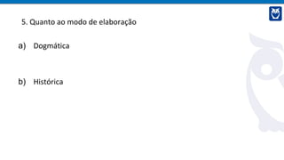 5. Quanto ao modo de elaboração
a) Dogmática
b) Histórica
 