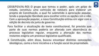 (2018/FGV/AL-RO) O grupo que tomou o poder, após um golpe de
estado, constituiu uma comissão de notáveis para elaborar um
projeto de Constituição, o qual foi submetido à apreciação popular,
tendo a população liberdade para escolher entre as opções sim e não.
Com a aprovação popular, a nova Constituição entrou em vigor com a
edição de decreto da junta de governo.
Para facilitar a atualização do texto constitucional, foi previsto que
parte de suas normas poderia ser alterada com observância do
processo legislativo regular, enquanto a alteração das normas
restantes exigiria um processo legislativo qualificado.
A Constituição, além disso, buscou encampar distintas concepções
ideológicas, como a livre iniciativa e a função social da propriedade.
 